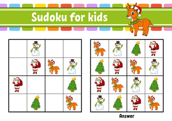 Sudoku for kids. Education developing worksheet. cartoon character. Color activity page. Puzzle game for children. Logical thinking training. Vector illustration.