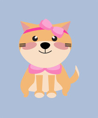 Vector of cute orange cat and pink bow headband isolated on blue background.