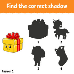 Find the correct shadow. Education developing worksheet. Matching game for kids. Activity page. Puzzle for children. cartoon character. Vector illustration.
