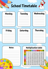 School timetable. For the education of children. Isolated on color background. With a cute cartoon character. Vector illustration.