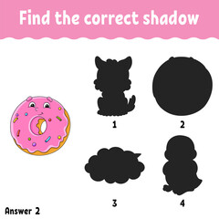 Fototapeta premium Find the correct shadow. Education developing worksheet. Matching game for kids. Activity page. Puzzle for children. cartoon character. Vector illustration.