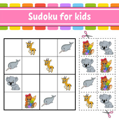 Sudoku for kids. Education developing worksheet. Activity page with pictures. Puzzle game for children. Logical thinking training. Isolated vector illustration. Funny character. cartoon style.