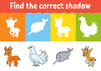 Find the correct shadow. Education worksheet. Matching game for kids. Color activity page. Puzzle for children. cartoon character. Isolated vector illustration.