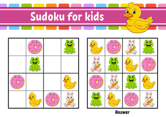 Sudoku for kids. Education developing worksheet. cartoon character. Color activity page. Puzzle game for children. Logical thinking training. Vector illustration.