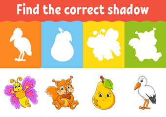 Find the correct shadow. Education worksheet. Matching game for kids. Color activity page. Puzzle for children. cartoon character. Vector illustration.