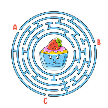 Circle maze. Game for kids. Puzzle for children. Round labyrinth conundrum. Find the right path. Birthday theme. Vector illustration.