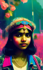 Fototapeta na wymiar A shy and cute Indian girl wearing shorts looks dreamily at the camera in a close-up headshot. Her big, bright eyes are framed by her vintage-retro style with no fake teeth or eyes. Generative AI.