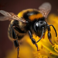 Macro Close-Up of Bumblebee in Black and Yellow - generative AI