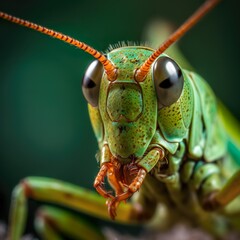 Macro Close-Up Portrait of Green Grasshopper - generative AI