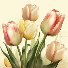 Beautiful Watercolor Drawing of Tulips on Cream Background - generative AI