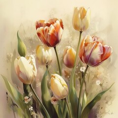 Beautiful Watercolor Drawing of Tulips on Cream Background - generative AI