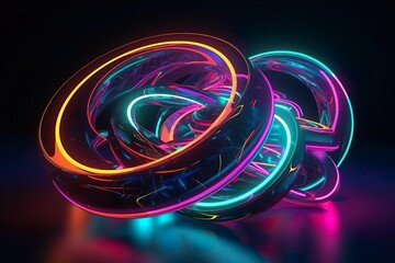 Abstract Neon Art Wallpaper with Glowing 3D Rings on Black Background - generative ai