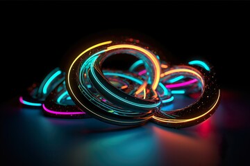 Abstract Neon Art Wallpaper with Glowing 3D Rings on Black Background - generative ai
