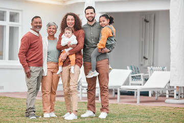 Family, generations and happy in portrait outdoor, grandparents and parents with children at...