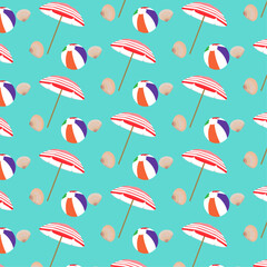 Summer seamless pattern, ornament, red sun umbrella, colorful ball and scallop, mollusk shells, on a turquoise, green background. For printing on fabric, wallpaper, packaging, wrapping paper. Vector.
