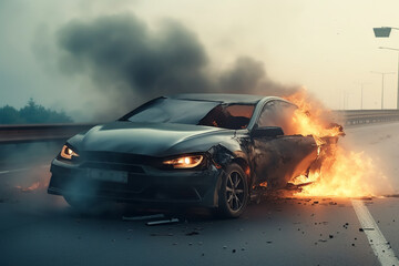 Obraz na płótnie Canvas Car Accident on Highway with Fire and Smoke, Generative AI 