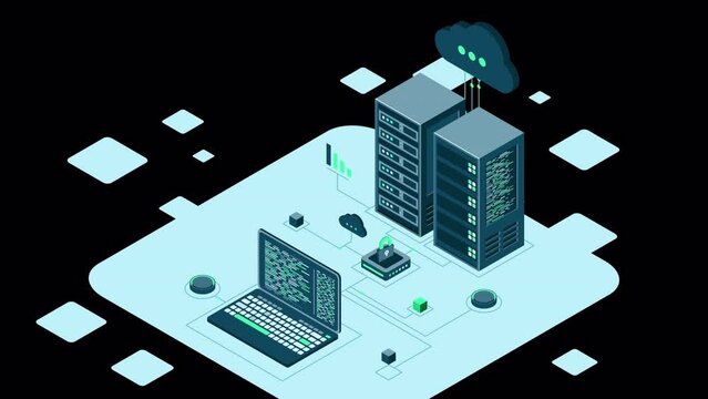 Cyber data security. Internet security isometric concept. Server room connected with laptop through protected hub. 4K seamless loop animation. Transparent background with alpha channel