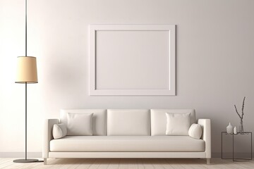 Empty white vertical frame in modern minimalist interior with trendy lamp and sofa on beige wall background, design interior idea - Generative AI