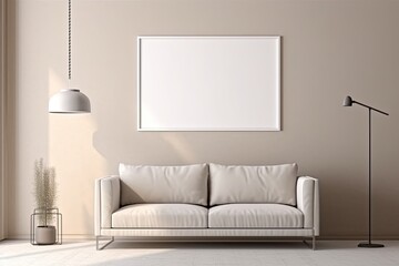 Empty white vertical frame in modern minimalist interior with trendy lamp and sofa on beige wall background, design interior idea - Generative AI