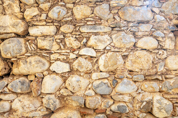 Empty beige old stonewall material background texture. Blank masonry or floor backdrop. Copy space