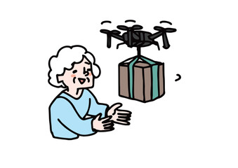 ドローンが運んできた商品を受け取る高齢女性のイラストセット