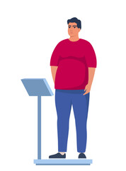 Fat obese man standing on weigh scales. Oversize fatty boy. Obesity weight control concept. Overweight male cartoon character full length. Vector illustration.