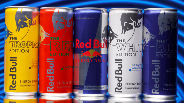 Cans of Red Bull, an energy drink sold by Red Bull GmbH, an Austrian company created in 1987