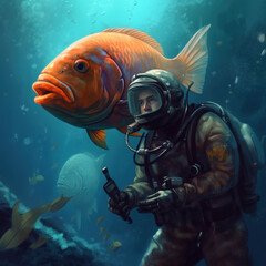 Diving into Adventure: A Scuba Diver and a Big Fish. Generative ai.