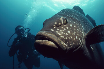 Scuba Diver Exploring the Deep Blue with a Majestic Fish. Generative ai.