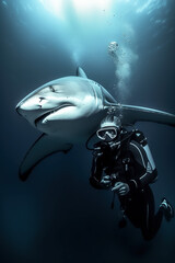 Scuba Diver Encounters Ferocious Shark. Generative ai.