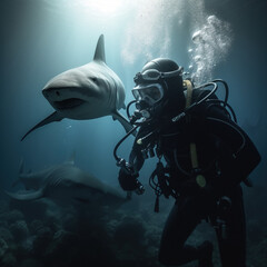 The Ultimate Test of Courage: Scuba Diver Confronts Shark. Generative ai.