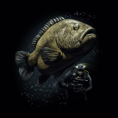 Awe-Inspiring Encounter: Scuba Diving with a Massive Fish. Generative ai.