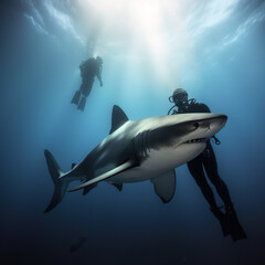 Daring Dive: Scuba Diver Brave Enough to Swim with Sharks. Generative ai.