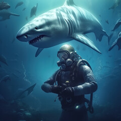 Scuba Diver Meets the King of the Ocean: Shark Encounter. Generative ai.