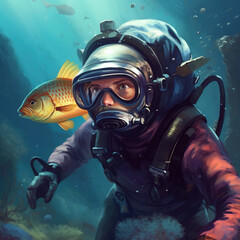 The Magnificent Underwater World: A Scuba Diver and a Giant Fish. Generative ai.