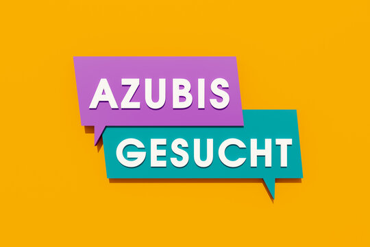 Azubis gesucht. (apprentices wanted) Colored speech, text in white letters. Hiring, apprentices, applying, job opportunity, trainee, employment and labour. 3D illustration