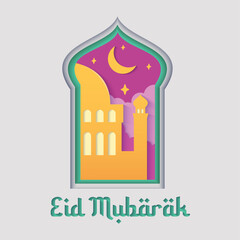 Mosque and islamic graphic resources, paper cut out design style to celebrate Ramadan and Eid al Fitr.