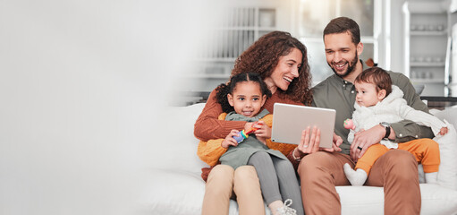 Happy family on sofa with tablet, kids and bonding, streaming service for child development video...