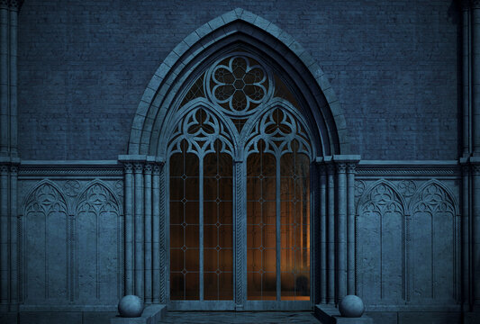 Abandoned night castle with a large gothic window or crypt