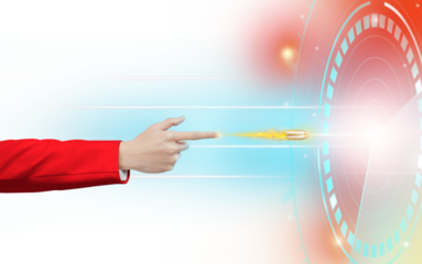 Businessman hand pointing finger at graphic target with bullets PNG transparen