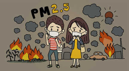 Boy and girl wearing mask. Young people wear protect face masks, outdoor PM 2. 5 air pollution and breath protection, hand drawn style illustration