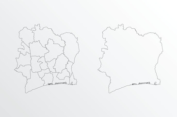 Black Outline vector Map of Côte d'Ivoire with regions