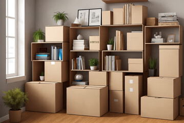 A lot of cardboard boxes in a room near furniture, interior. Generative AI.