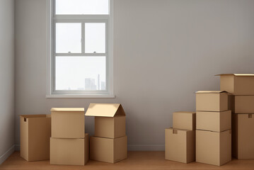A stack of cardboard boxes in a room, a lot of objects at the window. Generative AI.