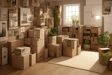 A lot of cardboard boxes in a room next to the furniture, a wall with lots of pictures, interior. Generative AI.
