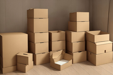 A stack of cardboard boxes in a room, a lot of objects. Generative AI.