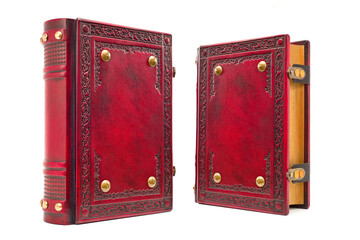 Red leather cover of elegant journal with gilded pages captured isolated