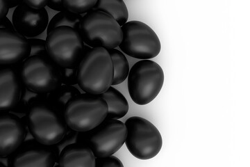 Heap of farm raw organic black chicken eggs, abstract background