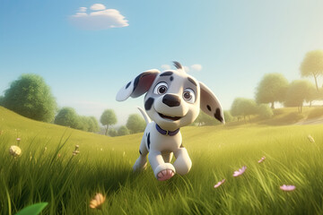  Cute Cartoon puppy Running through a Meadow, generative AI