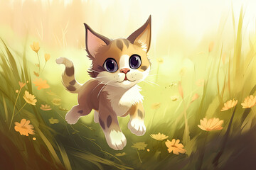 Cute Cartoon Kitten Running through a Meadow, generative AI